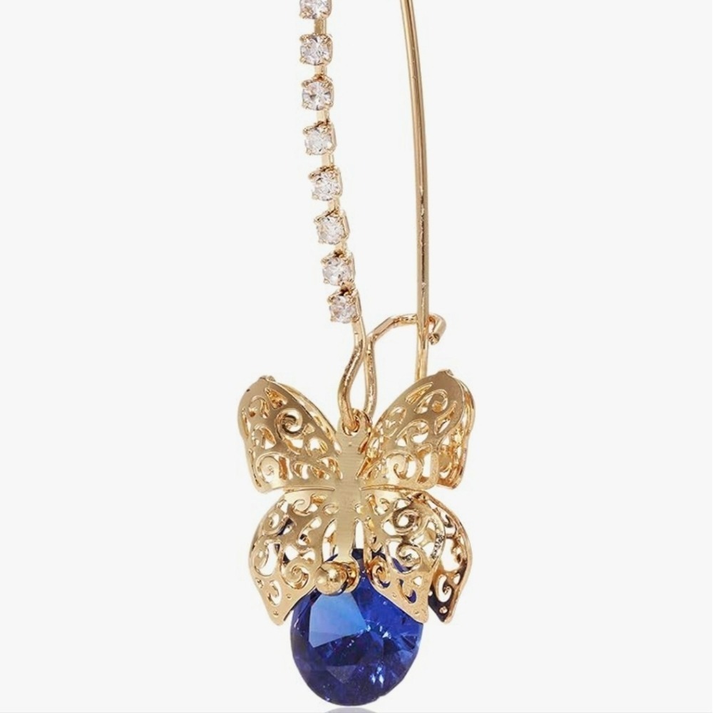 Betsey Johnson Gold Tone Filigree Butterfly with Blue CZ Drop Earrings